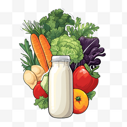 放纸图片_贴纸风格健康食品束牛奶蔬菜水果