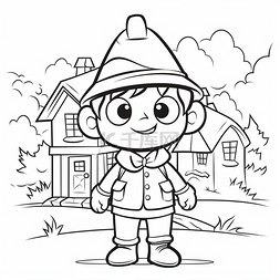 儿童衬衫图片_一幅戴着帽子和棕色衬衫站在房子