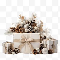 桌面白色图片_圣诞节日装饰品，配有礼品盒和白