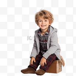 小男孩坐在圣诞客厅的木地板上