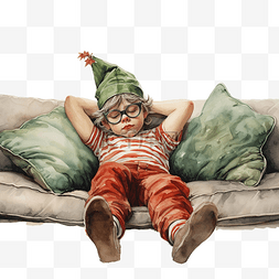 戴着眼镜和圣诞精灵帽子的男孩躺