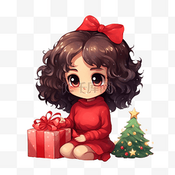 家庭红色图片_快乐可爱的女孩坐在圣诞树旁，带