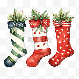 条纹圣诞袜子图片_圣诞袜子水彩插图