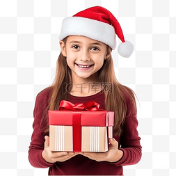 儿童抱着礼物盒图片_戴着圣诞帽的可爱小女孩孤立地站