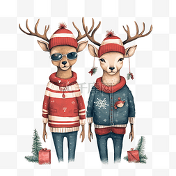 矢量圣诞节驯鹿图片_时髦圣诞贺卡与鹿和精灵