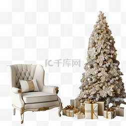 米色墙图片_经典的白色圣诞内饰，配有装饰圣