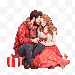 穿着节日服装的热恋情侣坐在圣诞