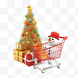 3d 圣诞树礼品盒购物车和雪人