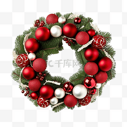 圣诞红图片_圣诞花环装饰松叶和圣诞红白球