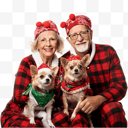 老夫妇和他们的狗穿着圣诞服装