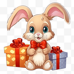 圣诞节时带礼物的兔子动物角色的