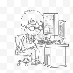 电脑前的小男孩着色页轮廓素描 