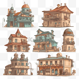 建筑剪贴画八种各种卡通风格的房