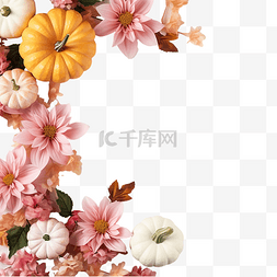 花框木框图片_南瓜和粉红色花朵的感恩节问候