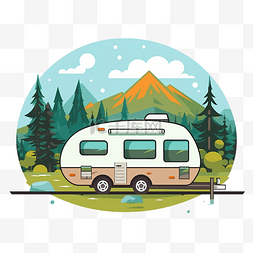 露營图片_带露营拖车的山地景观露营