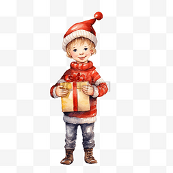 戴着圣诞帽的小男孩站在圣诞树旁