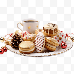 木桌上供应圣诞装饰糖果的咖啡时