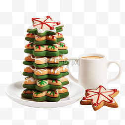 浓缩咖啡和一堆圣诞星饼干，上面
