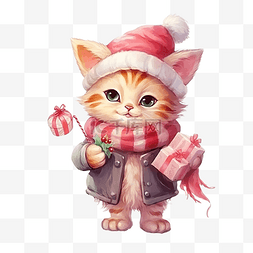 帽子手套卡通图片_圣诞节那天，可爱的猫角色戴着帽