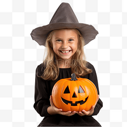 万圣节南瓜横幅图片_戴着女巫帽的女孩微笑着戴着女巫