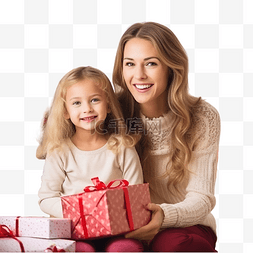 带礼盒的孩子和她的母亲在圣诞树