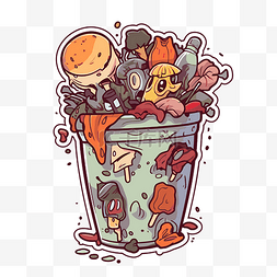 卡通塑料桶图片_描绘塑料桶中垃圾和食物的卡通插