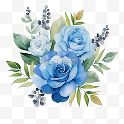 水彩鲜花花束与蓝玫瑰和绿叶插画