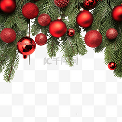 杉树枝装饰着红色圣诞球，作为乡