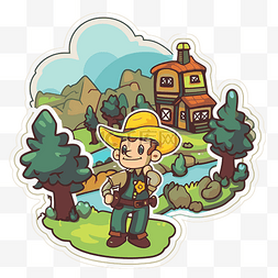 乡间卡通图片_贴纸显示一个卡通牛仔与乡间别墅