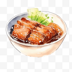 妈妈烧饭图片_水彩日本料理妈妈叉烧猪肉