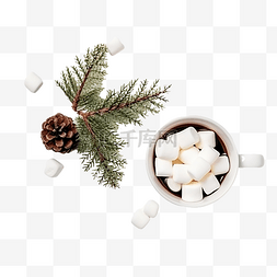 巧克力与棉花糖糖果在杯子和杉树