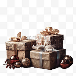 圣诞复古礼品盒，木桌上有圣诞球