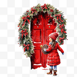 一扇门图片_穿红外套的女孩用圣诞花环装饰一