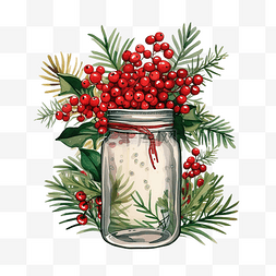 梅森罐子和红色浆果冬青和冷杉圣