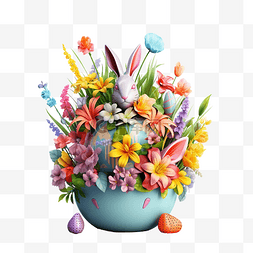传统色彩图片_复活节彩蛋篮兔子春天的花朵装饰