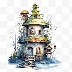 有树有花的风景图片_水彩冬天风景童话房子在森林里有