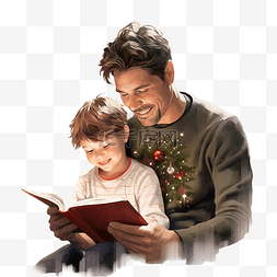 孩子和父母阅读图片_快乐的年轻父亲在圣诞树前给儿子