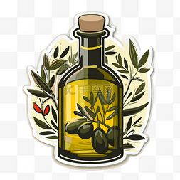 卡通橄榄油图片_带有橄榄油瓶和树枝的贴纸 向量