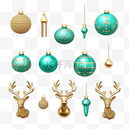 金色圣诞鹿图片_金色圣诞球和铃铛装饰品的集合，