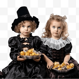 儿童蛋糕漂亮的图片_穿着可怕的万圣节服装的漂亮孩子
