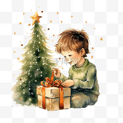 男孩在圣诞树下打开一个节日礼品