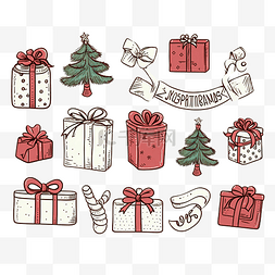 矢量蝴蝶结丝带图片_圣诞快乐一组剪贴画，带有礼品盒