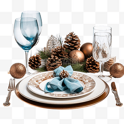 蓝色和棕色的圣诞餐桌布置，配有