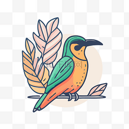 树枝上的鸟用橙色和绿色线条画 