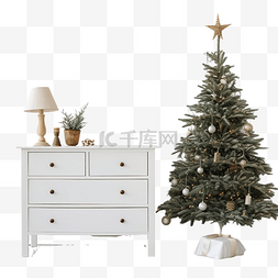 内饰图片_木制抽屉柜上的圣诞树，白色内饰