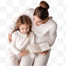一家人阅读图片_穿着白毛衣的小女儿和母亲正在读