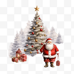 冬天带雪的树图片_圣诞树和圣诞老人??，带着圣诞钟