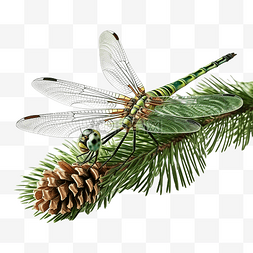 天空大自然图片_一只蜻蜓坐在圣诞树的绿色树枝上