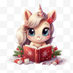可爱圣诞礼物图片_礼盒里可爱卡通圣诞独角兽读书的