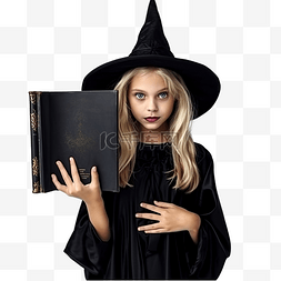 穿着女巫服装拿着一本巫术书在家